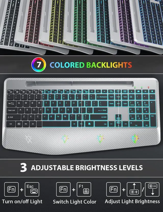 Alt view image 2 of 7 - Wireless Keyboard and Mouse Backlits, Wrist Rest, LED Mouse, Rechargeable Ergonomic Keyboard with Phone Holder, Silent Light Up Combo for Computer, Mac, PC, Laptop, Chromebook (Silver Black)