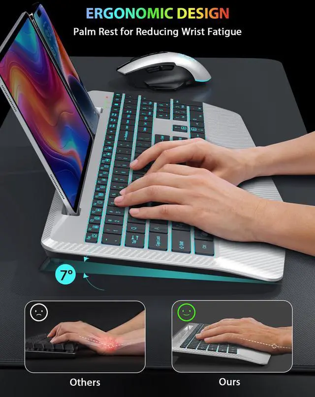 Alt view image 3 of 7 - Wireless Keyboard and Mouse Backlits, Wrist Rest, LED Mouse, Rechargeable Ergonomic Keyboard with Phone Holder, Silent Light Up Combo for Computer, Mac, PC, Laptop, Chromebook (Silver Black)
