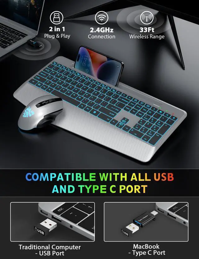 Alt view image 5 of 7 - Wireless Keyboard and Mouse Backlits, Wrist Rest, LED Mouse, Rechargeable Ergonomic Keyboard with Phone Holder, Silent Light Up Combo for Computer, Mac, PC, Laptop, Chromebook (Silver Black)