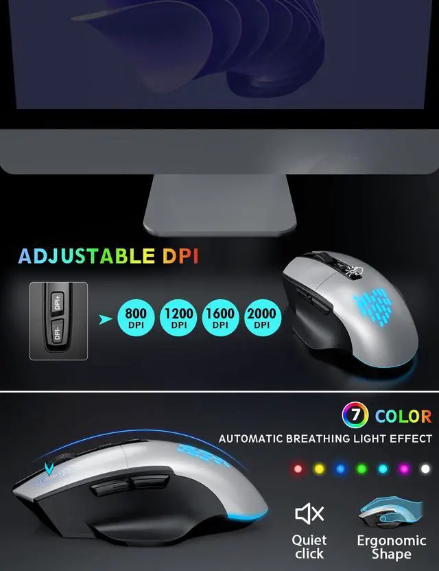 Alt view image 4 of 7 - Wireless Keyboard and Mouse Backlits, Wrist Rest, LED Mouse, Rechargeable Ergonomic Keyboard with Phone Holder, Silent Light Up Combo for Computer, Mac, PC, Laptop, Chromebook (Silver Black)