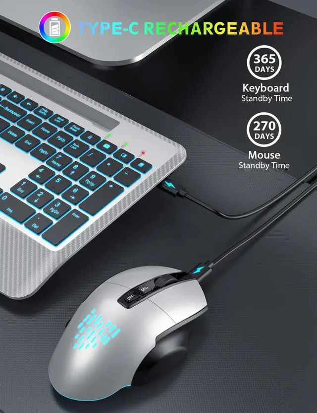 Alt view image 6 of 7 - Wireless Keyboard and Mouse Backlits, Wrist Rest, LED Mouse, Rechargeable Ergonomic Keyboard with Phone Holder, Silent Light Up Combo for Computer, Mac, PC, Laptop, Chromebook (Silver Black)