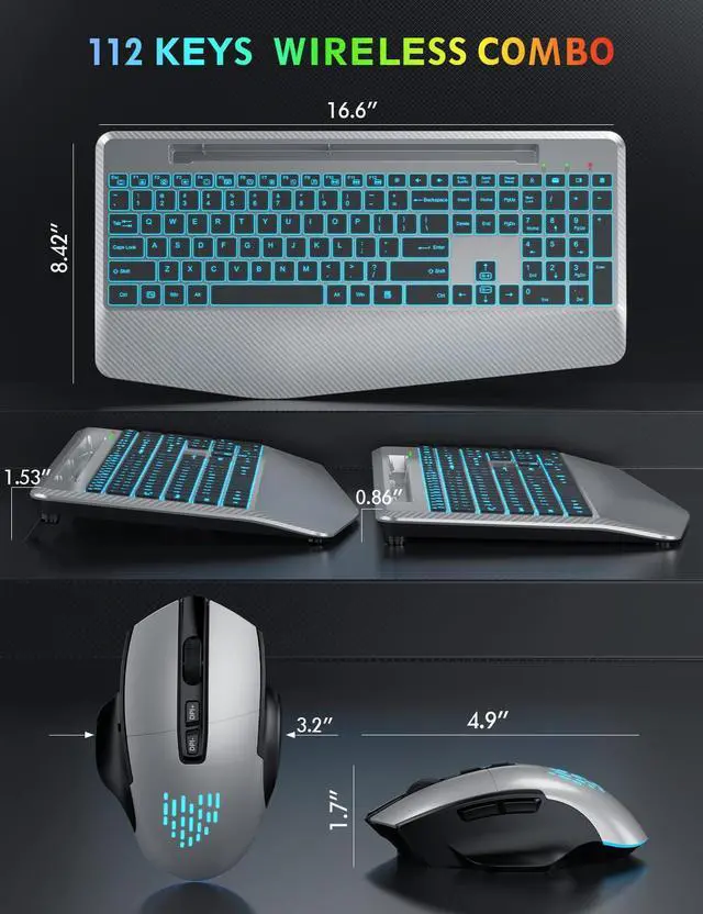 Alt view image 7 of 7 - Wireless Keyboard and Mouse Backlits, Wrist Rest, LED Mouse, Rechargeable Ergonomic Keyboard with Phone Holder, Silent Light Up Combo for Computer, Mac, PC, Laptop, Chromebook (Silver Black)