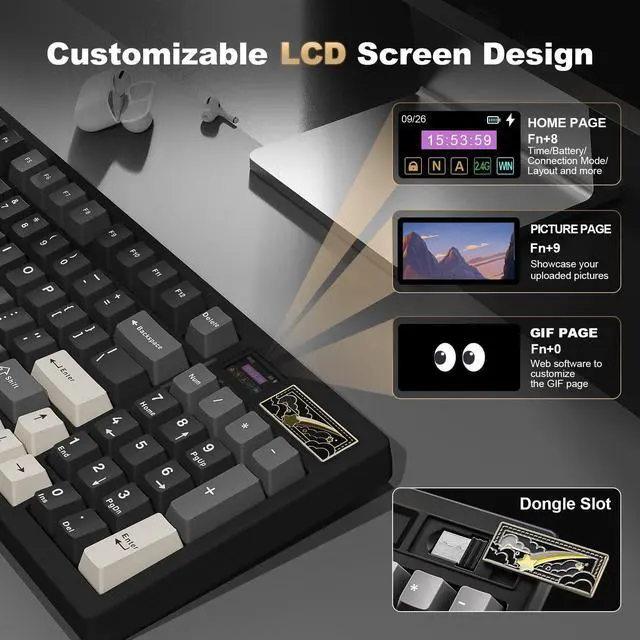 Alt view image 3 of 7 - IF99 Wireless Mechanical Gaming Keyboard with Smart LCD Display, QMK/VIA Programmable BT/2.4G/USB-C Gasket Mounted Hot Swap RGB 96% Layout for Mac/Win (Black, Cocoa Cream V2 Switch)