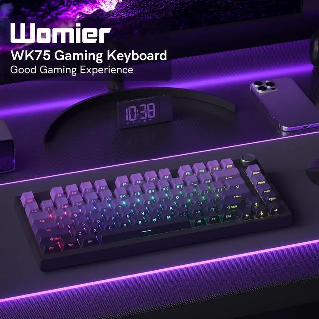 Alt view image 2 of 7 - WK75 75% Wireless Gaming Mechanical Keyboard,BT5.0/2.4GHz/USB-C, Hot Swappable Pre-lubed Custom Linear Switches,Gasket Structure,RGB Backlit Keyboard for PC/Laptop/Xbox/PS4/PS5 (Purple)