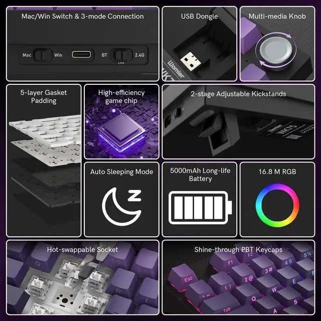 Alt view image 3 of 7 - WK75 75% Wireless Gaming Mechanical Keyboard,BT5.0/2.4GHz/USB-C, Hot Swappable Pre-lubed Custom Linear Switches,Gasket Structure,RGB Backlit Keyboard for PC/Laptop/Xbox/PS4/PS5 (Purple)