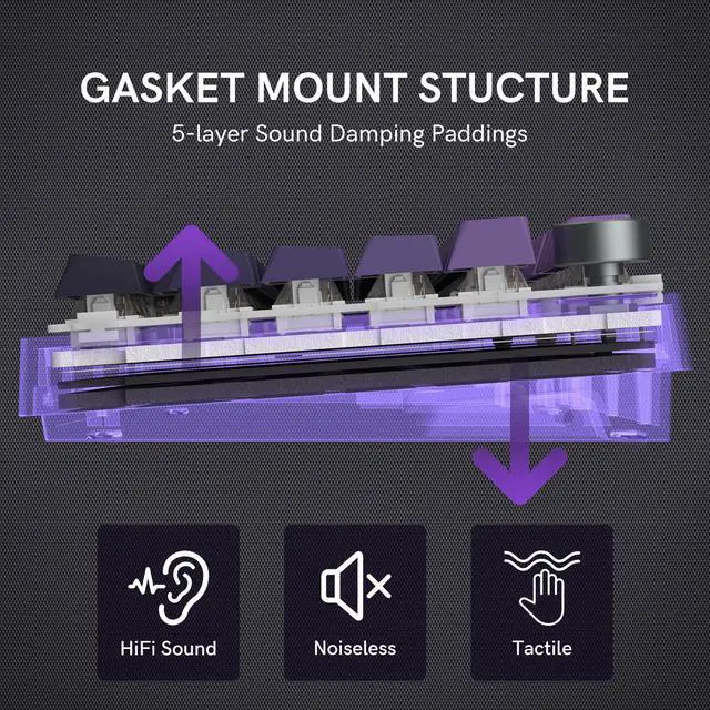Alt view image 4 of 7 - WK75 75% Wireless Gaming Mechanical Keyboard,BT5.0/2.4GHz/USB-C, Hot Swappable Pre-lubed Custom Linear Switches,Gasket Structure,RGB Backlit Keyboard for PC/Laptop/Xbox/PS4/PS5 (Purple)