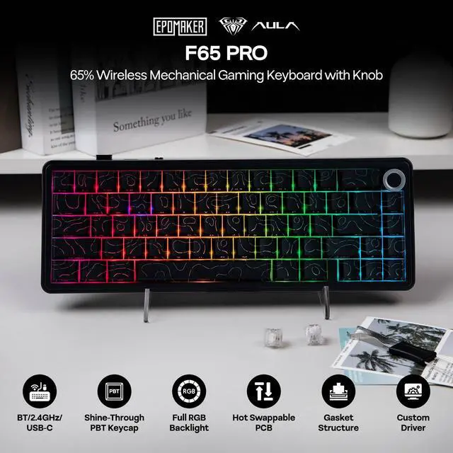 Alt view image 2 of 6 - EPOMAKER X Aula F65 PRO Wireless Mechanical Gaming Keyboard, Hot-Swap, 5-Layer Padding, Creamy Gasket, Knob and Shine-Through PBT Keycap, RGB, BT/2.4GHz/USB-C (Black Topographic, Icesoul Switch)