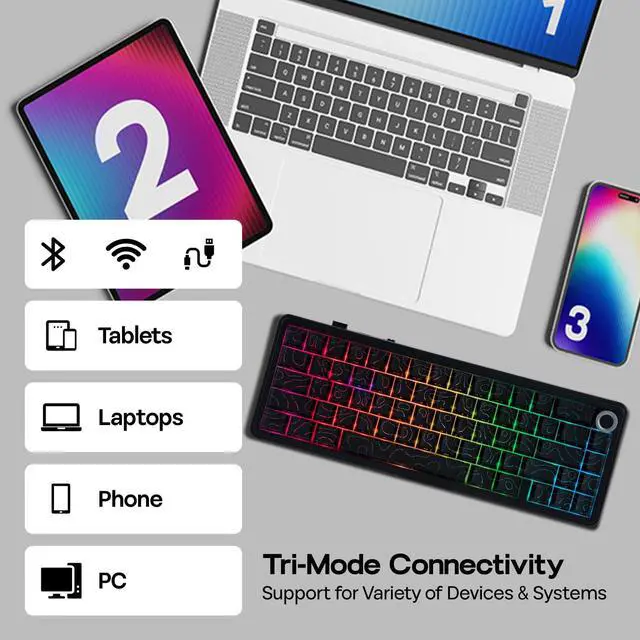 Alt view image 3 of 6 - EPOMAKER X Aula F65 PRO Wireless Mechanical Gaming Keyboard, Hot-Swap, 5-Layer Padding, Creamy Gasket, Knob and Shine-Through PBT Keycap, RGB, BT/2.4GHz/USB-C (Black Topographic, Icesoul Switch)