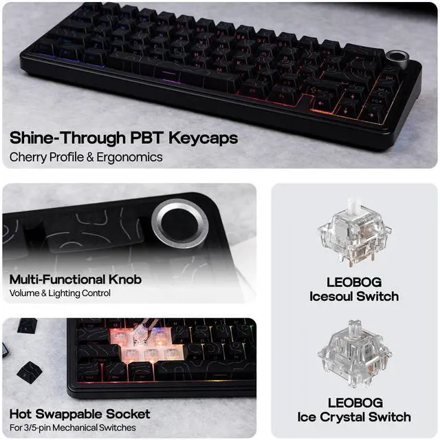Alt view image 4 of 6 - EPOMAKER X Aula F65 PRO Wireless Mechanical Gaming Keyboard, Hot-Swap, 5-Layer Padding, Creamy Gasket, Knob and Shine-Through PBT Keycap, RGB, BT/2.4GHz/USB-C (Black Topographic, Icesoul Switch)