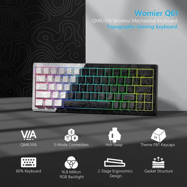Alt view image 2 of 6 - 60% Percent Keyboard Wireless with QMK/VIA, Gaming Keyboard Topographic, Creamy Mechanical Key Board, RGB Custom Gasket Hot Swappable for Windows & Mac-POM Linear Switch (Q61)