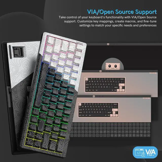 Alt view image 3 of 6 - 60% Percent Keyboard Wireless with QMK/VIA, Gaming Keyboard Topographic, Creamy Mechanical Key Board, RGB Custom Gasket Hot Swappable for Windows & Mac-POM Linear Switch (Q61)