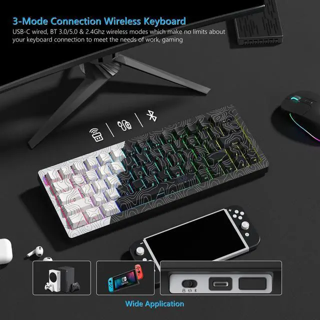 Alt view image 5 of 6 - 60% Percent Keyboard Wireless with QMK/VIA, Gaming Keyboard Topographic, Creamy Mechanical Key Board, RGB Custom Gasket Hot Swappable for Windows & Mac-POM Linear Switch (Q61)