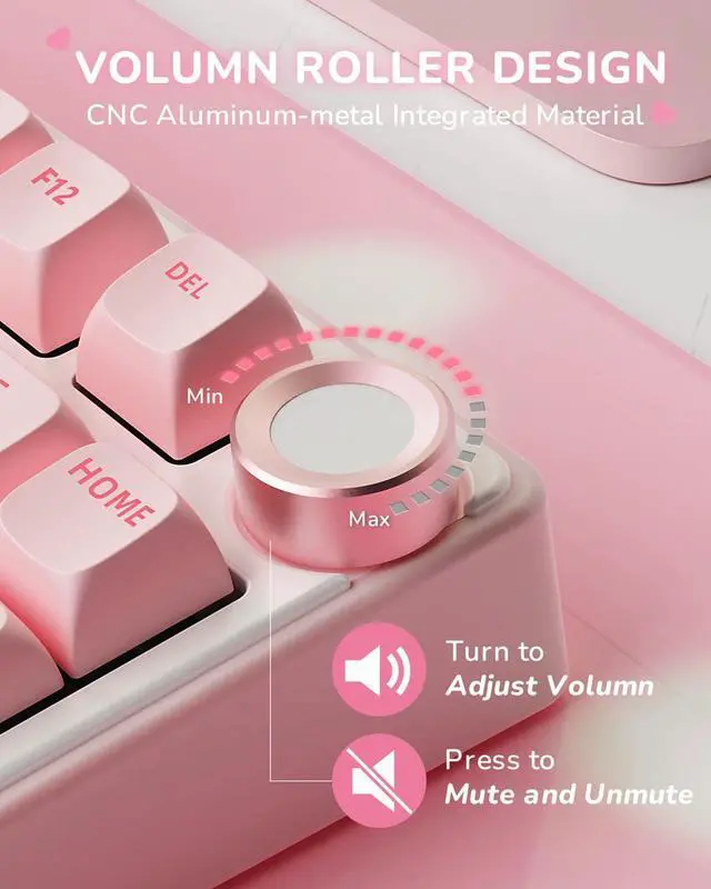 Alt view image 3 of 7 - R75 Mechanical Keyboard Wired with Volume Knob, 75% Keyboard Gasket Mounted, Hot Swappable, Creamy Sound, MDA Profile, PBT Keycaps, Pink