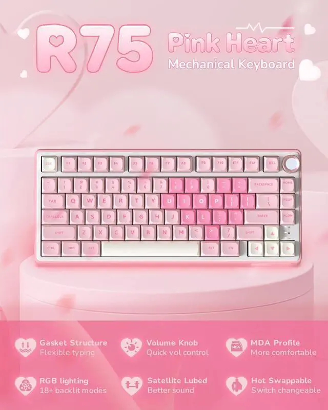 Alt view image 2 of 7 - R75 Mechanical Keyboard Wired with Volume Knob, 75% Keyboard Gasket Mounted, Hot Swappable, Creamy Sound, MDA Profile, PBT Keycaps, Pink