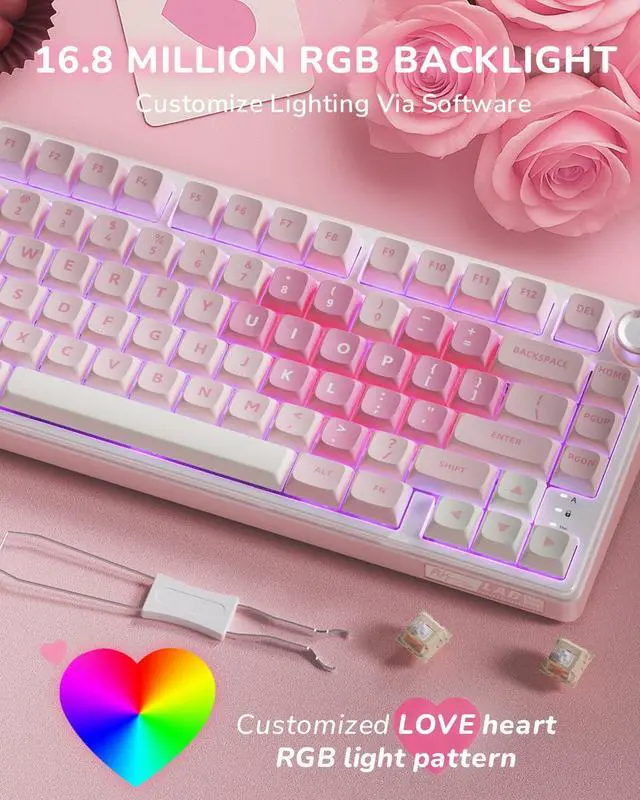 Alt view image 4 of 7 - R75 Mechanical Keyboard Wired with Volume Knob, 75% Keyboard Gasket Mounted, Hot Swappable, Creamy Sound, MDA Profile, PBT Keycaps, Pink