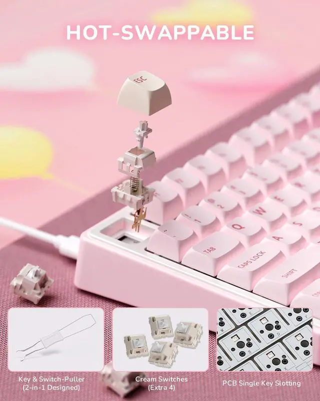 Alt view image 7 of 7 - R75 Mechanical Keyboard Wired with Volume Knob, 75% Keyboard Gasket Mounted, Hot Swappable, Creamy Sound, MDA Profile, PBT Keycaps, Pink