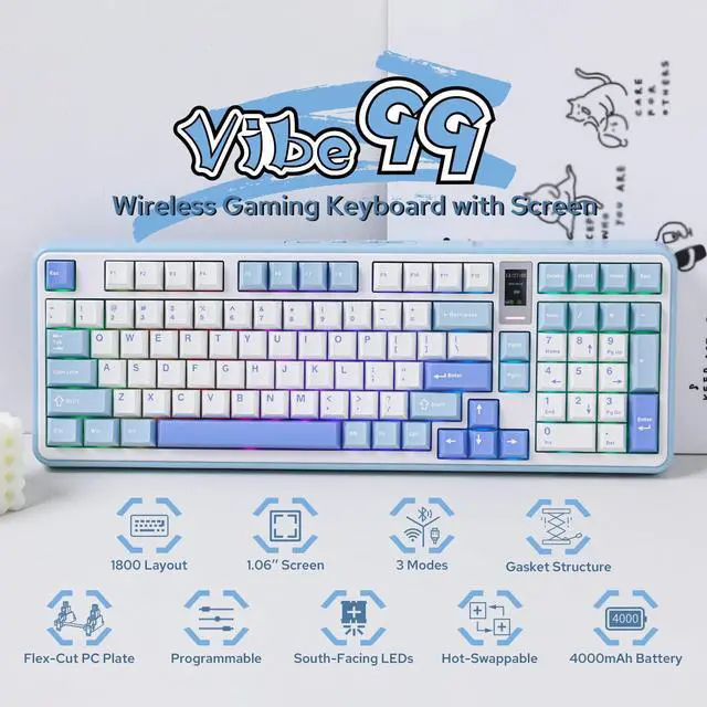 Alt view image 2 of 7 - Vibe99 Wireless Gaming Keyboard with 1.06'' Screen, 96% Hot Swappable Creamy Mechanical Keyboard with Gasket Structure, BT5.0/2.4GHz/USB-C, 5-Layer Padding, RGB, NKRO for Win/Mac (Blue)
