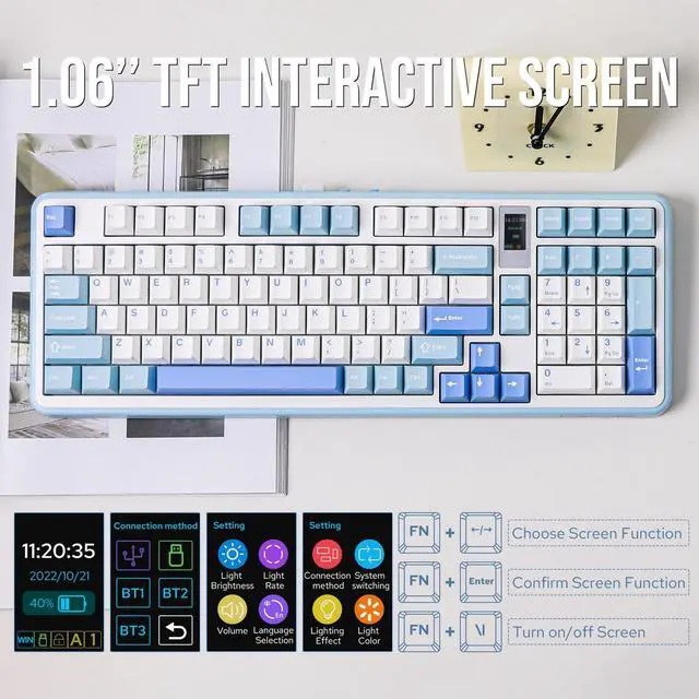 Alt view image 4 of 7 - Vibe99 Wireless Gaming Keyboard with 1.06'' Screen, 96% Hot Swappable Creamy Mechanical Keyboard with Gasket Structure, BT5.0/2.4GHz/USB-C, 5-Layer Padding, RGB, NKRO for Win/Mac (Blue)