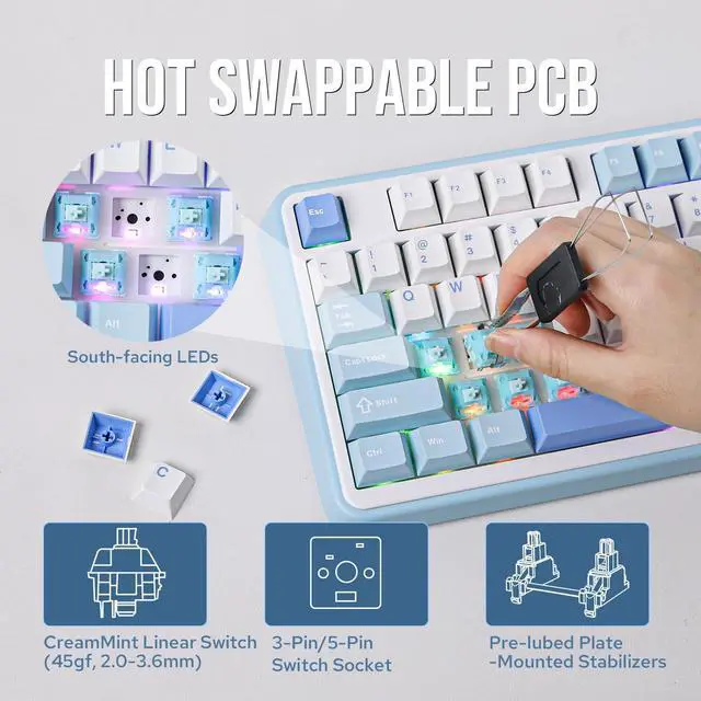 Alt view image 6 of 7 - Vibe99 Wireless Gaming Keyboard with 1.06'' Screen, 96% Hot Swappable Creamy Mechanical Keyboard with Gasket Structure, BT5.0/2.4GHz/USB-C, 5-Layer Padding, RGB, NKRO for Win/Mac (Blue)