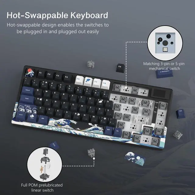 Alt view image 4 of 6 - S-K80 75% Keyboard with Color Multimedia Display Mechanical Gaming Keyboard, Wired Hot Swappable Gasket Mount RGB Custom Key Board, Pre-lubed Stabilizer for Mac/Win, Black Kanagawa