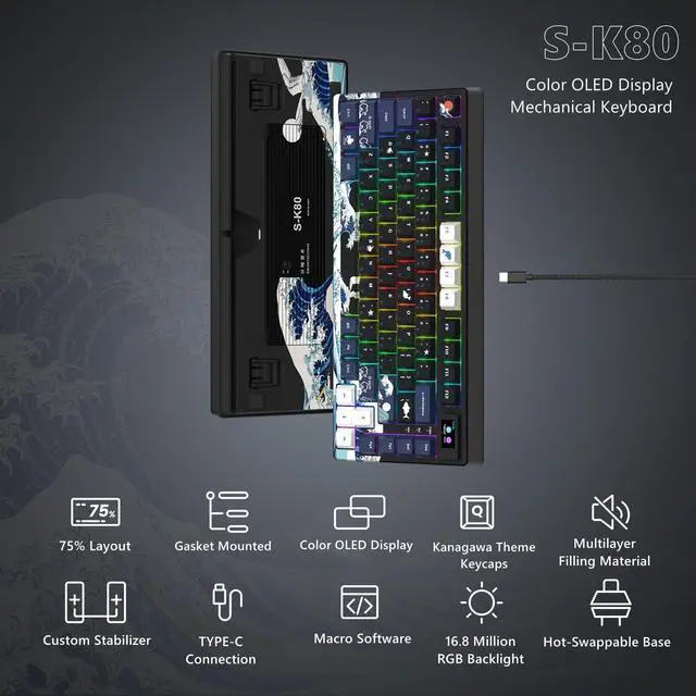 Alt view image 6 of 6 - S-K80 75% Keyboard with Color Multimedia Display Mechanical Gaming Keyboard, Wired Hot Swappable Gasket Mount RGB Custom Key Board, Pre-lubed Stabilizer for Mac/Win, Black Kanagawa