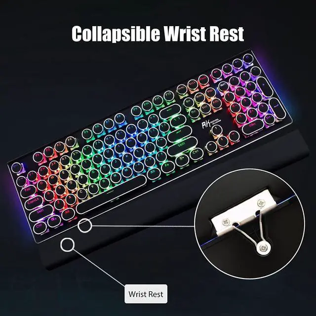 Alt view image 3 of 7 - S108 Typewriter Keyboard, Retro Mechanical Gaming Keyboard Wired 108 Keys with RGB Backlit Sidelight, Detachable Wrist Rest, Round Keycaps Blue Switches - Black