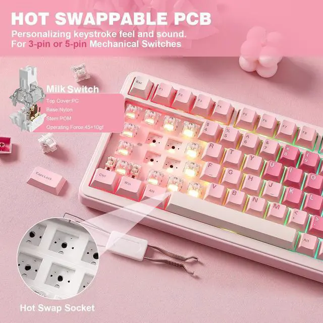 Alt view image 5 of 7 - _Mega Brand B75 PRO Wireless Mechanical Keyboard,75% Layout with Knob,Hot Swap Gasket Custom Structure,Creamy Pre-lubed Switches,RGB Backlit,Bluetooth/Type-C/2.4G for Win/Mac(Milk Switch,Pink)