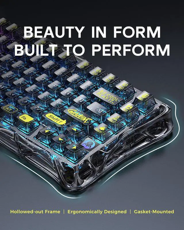 Alt view image 3 of 7 - Mercury K1 Lite 75% Gaming Keyboard, 2.4GHz/BT/Wired Tri-Mode Wireless Keyboard, Gasket Hot Swappable Mechanical Keyboard, Pre-lubed Linear Switches, RGB Backlit (Transparent Black)