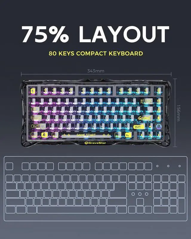 Alt view image 2 of 7 - Mercury K1 Lite 75% Gaming Keyboard, 2.4GHz/BT/Wired Tri-Mode Wireless Keyboard, Gasket Hot Swappable Mechanical Keyboard, Pre-lubed Linear Switches, RGB Backlit (Transparent Black)