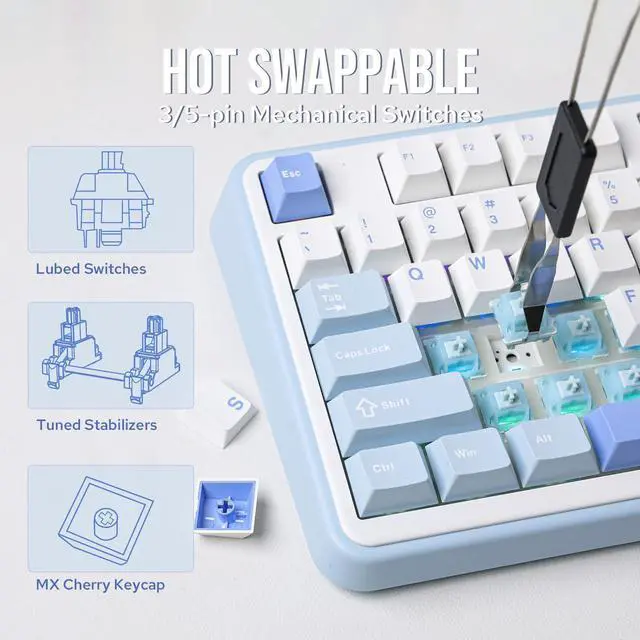 Alt view image 7 of 7 - TH99 Tri-Mode Wireless Mechanical Keyboard with 8000mAh Battery, Hot Swappable Custom RGB Gaming Keyboard with Numpad, Gasket Creamy for PC/Mac/Office (Blue&White, Creamy Jade)