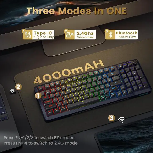Alt view image 5 of 7 - Wireless Mechanical Keyboard, 3 Mode Gasket Mounted RGB Gaming Keyboard with Volume Knob, Pre-Lubed Linear Switches, MDA-Profile, 98 Keys Hot Swappable Creamy Keyboard for PC/Tablet/Xbox/PS4