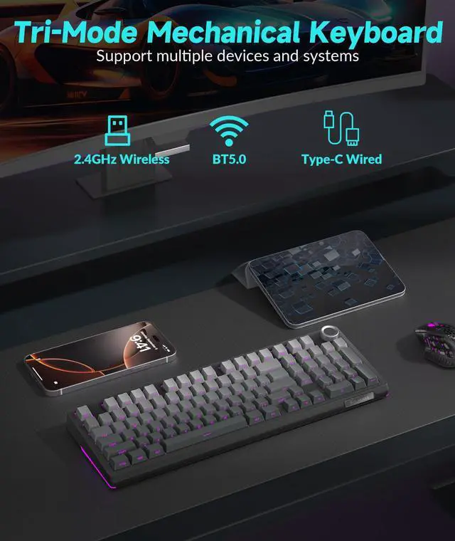 Alt view image 3 of 7 - KI99 Pro 96% Wireless Mechanical Keyboard, RGB Gaming Keyboard, Hot-Swappable Pre-Lubed Switches, Gasket Structure Creamy Keyboards for Gamer/PC/Laptop (Black)