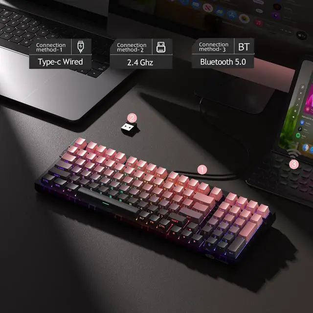 Alt view image 2 of 7 - MageGee LIGHT100 Wireless Creamy Keyboard, Gasket Structure Hot Swappable, 2.4G/USB-C/BT5.0 RGB Backlit Mechanical Gaming Keyboard for Win/Mac/PC, 8000mAh Battery, Side Printed PBT Keycap, Pink