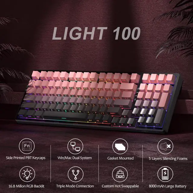 Alt view image 3 of 7 - MageGee LIGHT100 Wireless Creamy Keyboard, Gasket Structure Hot Swappable, 2.4G/USB-C/BT5.0 RGB Backlit Mechanical Gaming Keyboard for Win/Mac/PC, 8000mAh Battery, Side Printed PBT Keycap, Pink