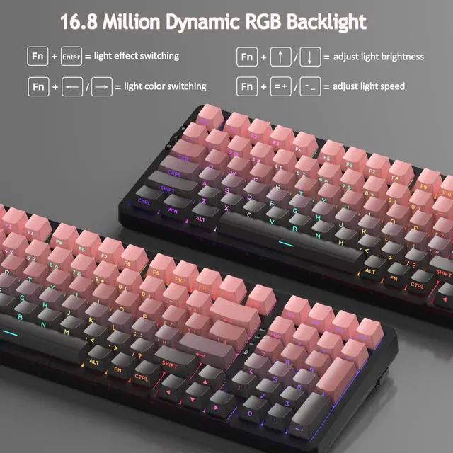 Alt view image 5 of 7 - MageGee LIGHT100 Wireless Creamy Keyboard, Gasket Structure Hot Swappable, 2.4G/USB-C/BT5.0 RGB Backlit Mechanical Gaming Keyboard for Win/Mac/PC, 8000mAh Battery, Side Printed PBT Keycap, Pink