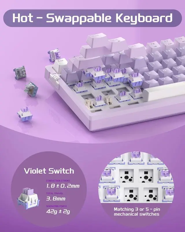 Alt view image 4 of 7 - SKY98 Mechanical Gaming Keyboard, 96% Gasket Hot Swappable Wired Custom Creamy Keyboard with 5-Layer Sound Dampening, RGB Backlit, NKRO for Win/Mac (Violet, Violet Switch)