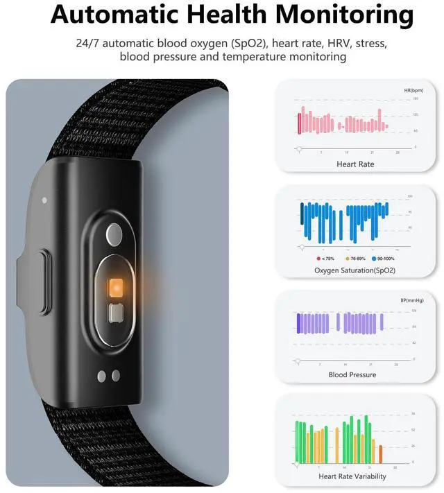 Alt view image 2 of 7 - Smart Health Wristband, Wearable Activity & Fitness Tracker for Multi-Sport Mode, All-Day Automatic Continuous Monitoring of Health Data, Improve Sleep, Stress & Wellness, with Free App, Black