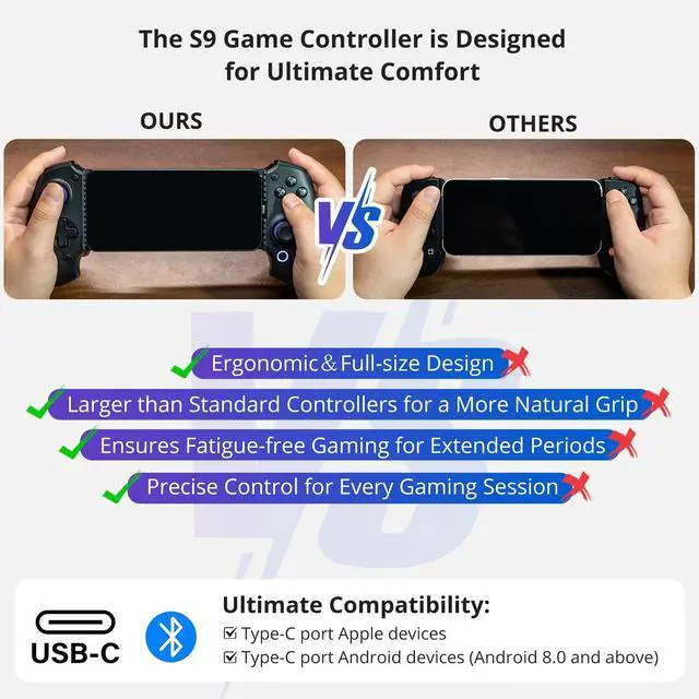 Alt view image 3 of 7 - S9 Full-Size Gaming Phone Controller for iPhone 15/16, iPad Mini 6/7, Android Tablet, BluetoothType-C Mobile Gamepad with Free Key MappingApp, for Genshin Impact & Zenless Zone Zero, Hall Joystick