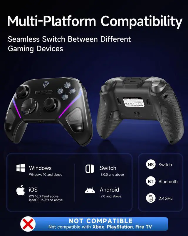 Alt view image 5 of 7 - D10 Wireless Game Controller TMR Anti-Drift Joysticks, Dual-Mode Triggers, 1000Hz Polling, Mechanical Buttons, RGB Bluetooth Gamepad for PC/Switch/Switch2/iOS/Android with Charging Dock