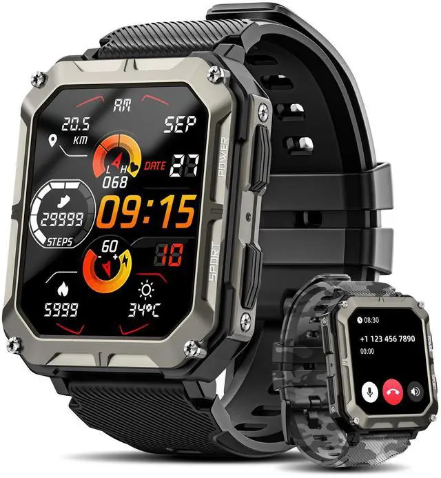 Main image of Military Smart Watches for Men (Answer/Make Call), 100M Waterproof Rugged Smart Watch for Android Phones and iPhone, 1.9" Outdoor Sports Fitness Tracker with Heart Rate, Sleep Monitor, Black