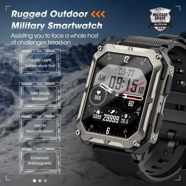 Alt view image 2 of 7 - Military Smart Watches for Men (Answer/Make Call), 100M Waterproof Rugged Smart Watch for Android Phones and iPhone, 1.9" Outdoor Sports Fitness Tracker with Heart Rate, Sleep Monitor, Black