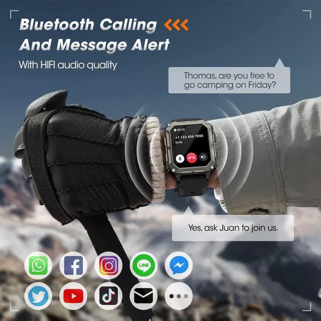 Alt view image 3 of 7 - Military Smart Watches for Men (Answer/Make Call), 100M Waterproof Rugged Smart Watch for Android Phones and iPhone, 1.9" Outdoor Sports Fitness Tracker with Heart Rate, Sleep Monitor, Black
