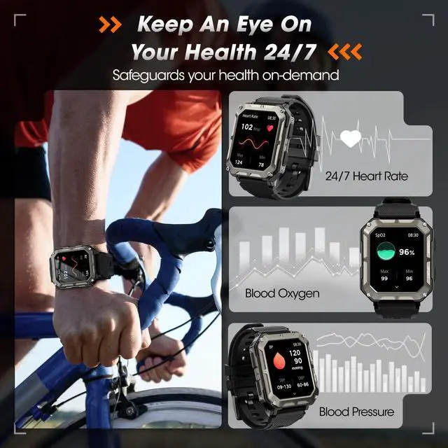 Alt view image 4 of 7 - Military Smart Watches for Men (Answer/Make Call), 100M Waterproof Rugged Smart Watch for Android Phones and iPhone, 1.9" Outdoor Sports Fitness Tracker with Heart Rate, Sleep Monitor, Black