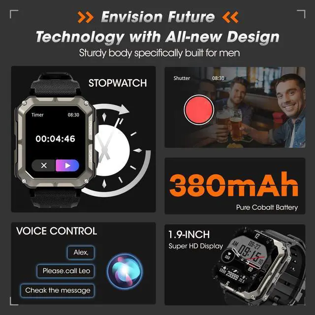 Alt view image 6 of 7 - Military Smart Watches for Men (Answer/Make Call), 100M Waterproof Rugged Smart Watch for Android Phones and iPhone, 1.9" Outdoor Sports Fitness Tracker with Heart Rate, Sleep Monitor, Black