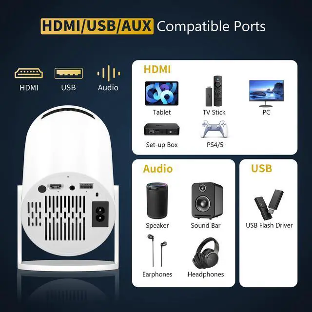 Alt view image 6 of 7 - Mini Projector Portable Proyector 4K Support, Full HD 1080P Small Projector with 270° Rotatable Stand, Movie Projector Compatible with TV Stick/Smartphone/HDMI/USB for Bedroom/ Outdoor Camping