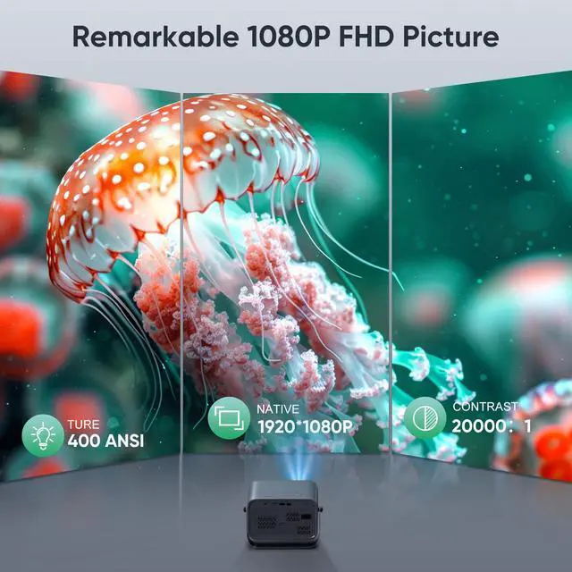 Alt view image 3 of 7 - Auto Focus4K Projector with WiFi and Bluetooth, 360° Rotatable Movie Projector with Auto Keystone & Zoom, Outdoor Projector for Phone/PC/TV Stick/DVD/HDMI/USB