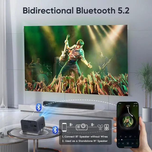 Alt view image 4 of 7 - Auto Focus4K Projector with WiFi and Bluetooth, 360° Rotatable Movie Projector with Auto Keystone & Zoom, Outdoor Projector for Phone/PC/TV Stick/DVD/HDMI/USB