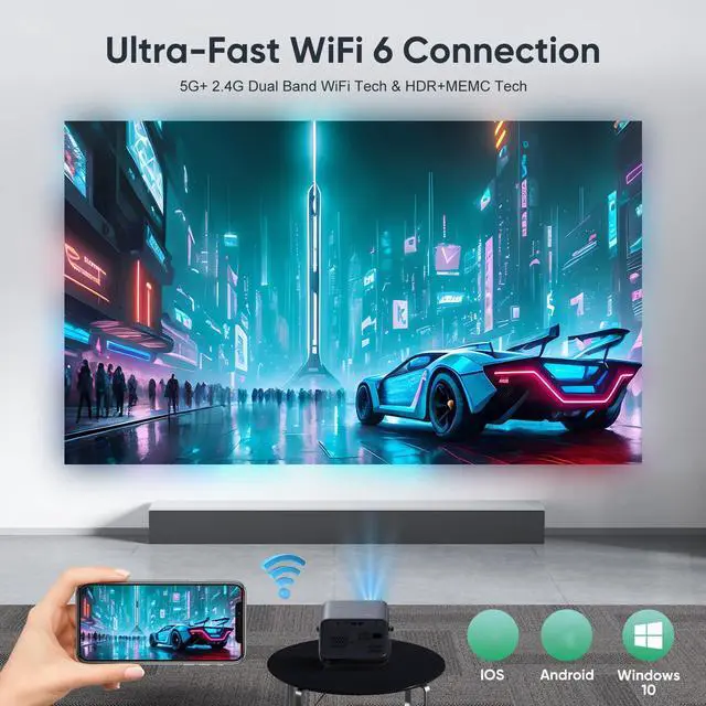 Alt view image 5 of 7 - Auto Focus4K Projector with WiFi and Bluetooth, 360° Rotatable Movie Projector with Auto Keystone & Zoom, Outdoor Projector for Phone/PC/TV Stick/DVD/HDMI/USB