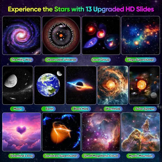 Alt view image 3 of 7 - Upgraded Galaxy Projector for Bedroom, 13 in 1 HD Star Projector Light Projector, 360° Rotating Planetarium Projector with Timer and Simple 4 Button Control for Kids, Ceiling, Gifts, Room Decor