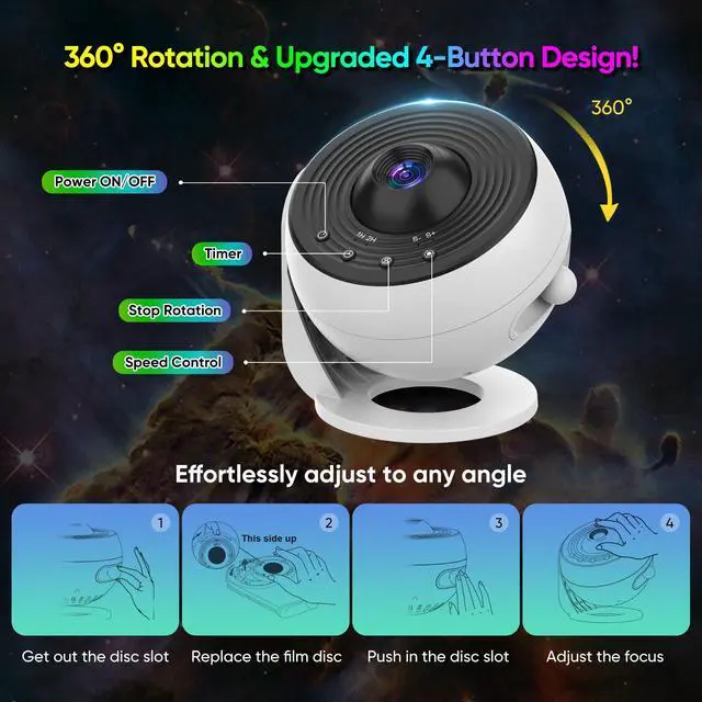 Alt view image 6 of 7 - Upgraded Galaxy Projector for Bedroom, 13 in 1 HD Star Projector Light Projector, 360° Rotating Planetarium Projector with Timer and Simple 4 Button Control for Kids, Ceiling, Gifts, Room Decor